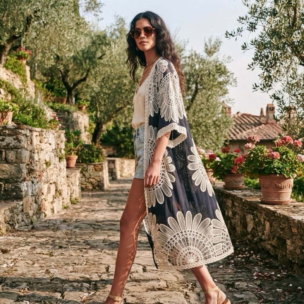 Shoreline Sz L/XL Bohemian Lace Embroidered Kimono Duster Cardigan Black White
